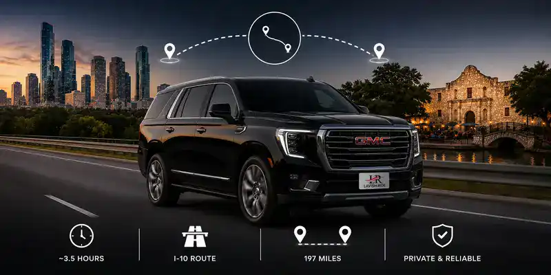 Luxury GMC Yukon chauffeur service traveling between Houston and San Antonio with a route diagram, Houston skyline, San Antonio River Walk, I-10 route, 197-mile travel distance, estimated 3.5-hour drive, and the official Lavish Ride logo on the front license plate.